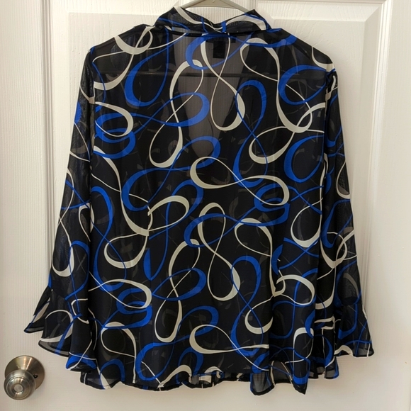 Chaps Black Blue White Sheer Button Front Blouse Size XL - Picture 2 of 9